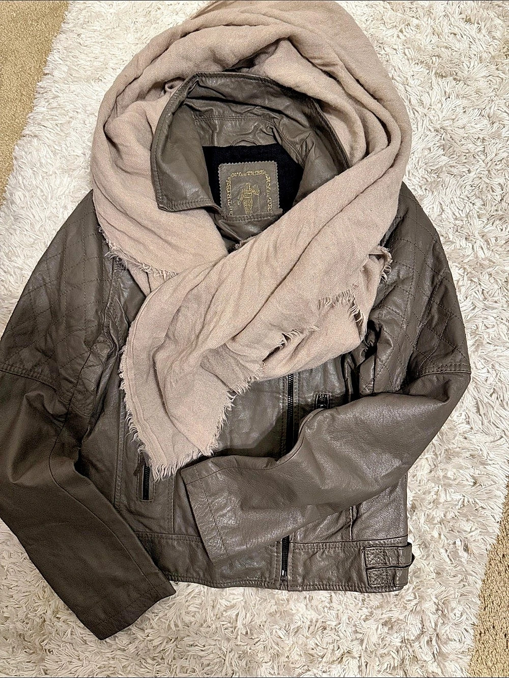 Giorgio Armani Leather Moto Jacket in Brown Size Large with scarf